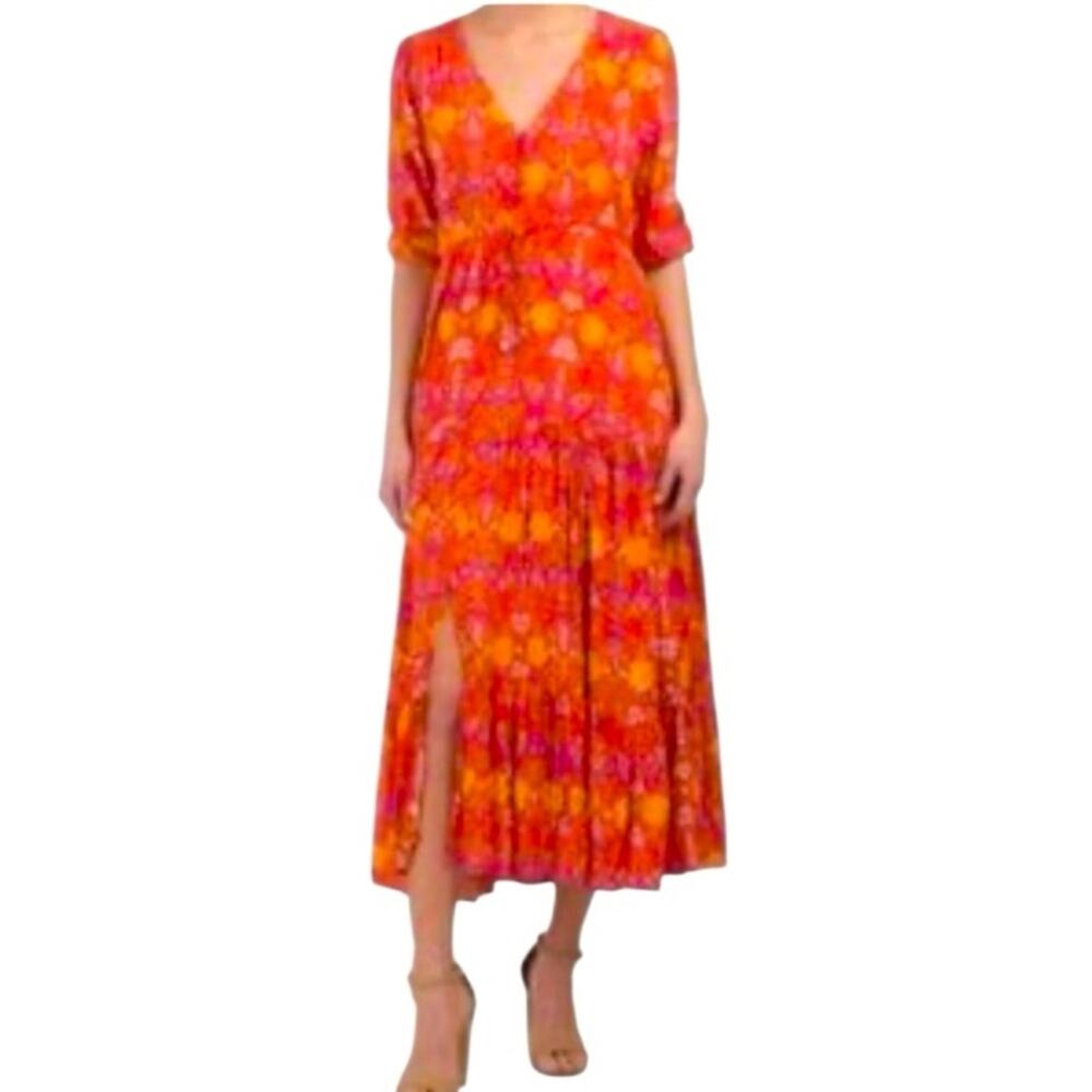 Abel The Label Floral Boho Maxi Dress Small Orange Pink Prairie Tie Waist V Neck